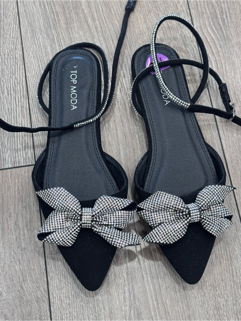 TOP MODA Garner-20 Black Rhinestone Bow Pointed Toe Ankle Strap Flats Size 6.5